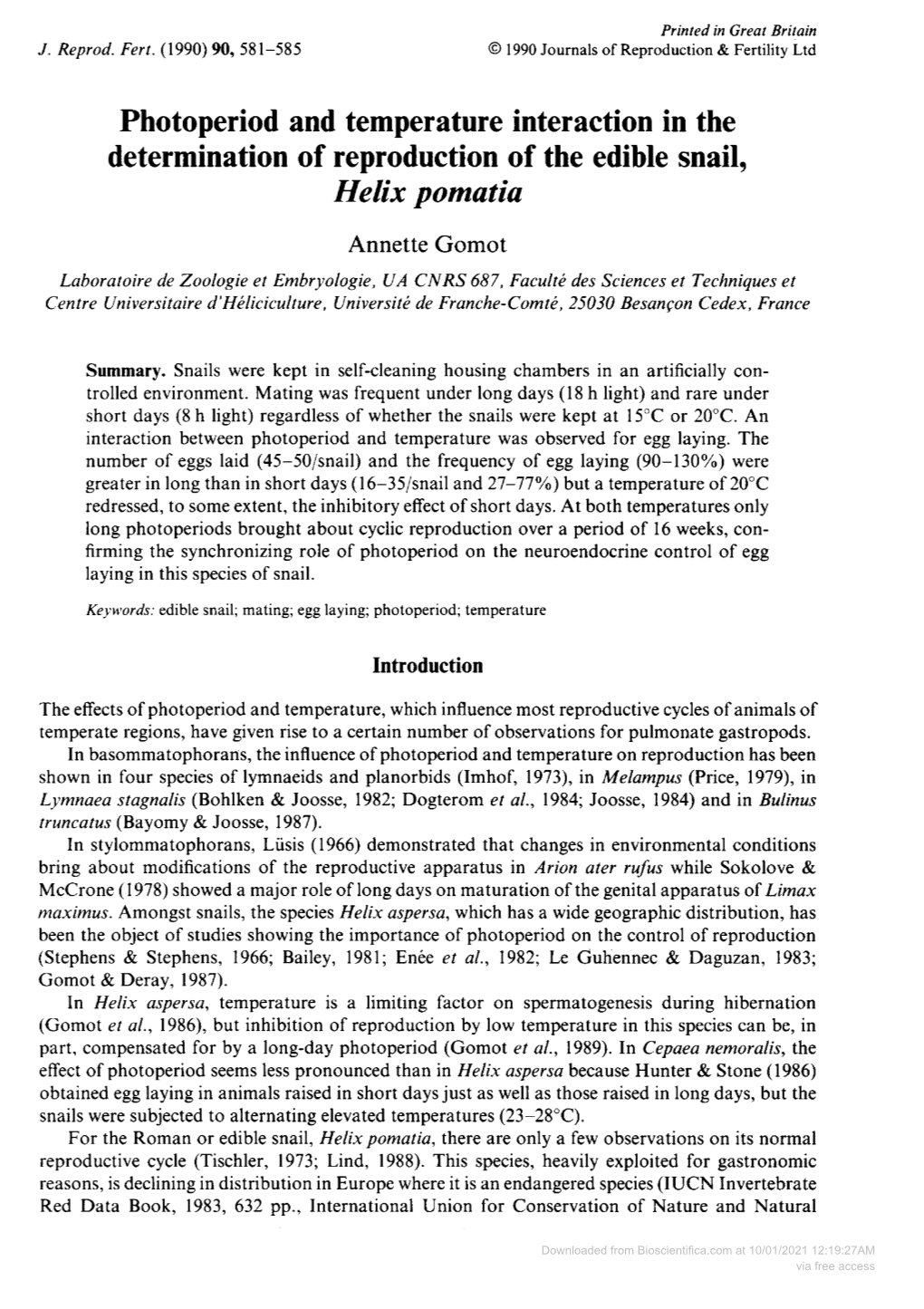 Photoperiod and Temperature Interaction in the Helix Pomatia