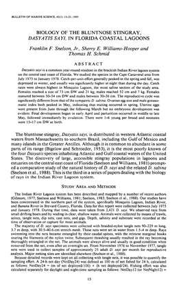 Biology of the Bluntnose Stingray, &lt;I&gt;Dasyatis Sayi,&lt;/I&gt; in Florida