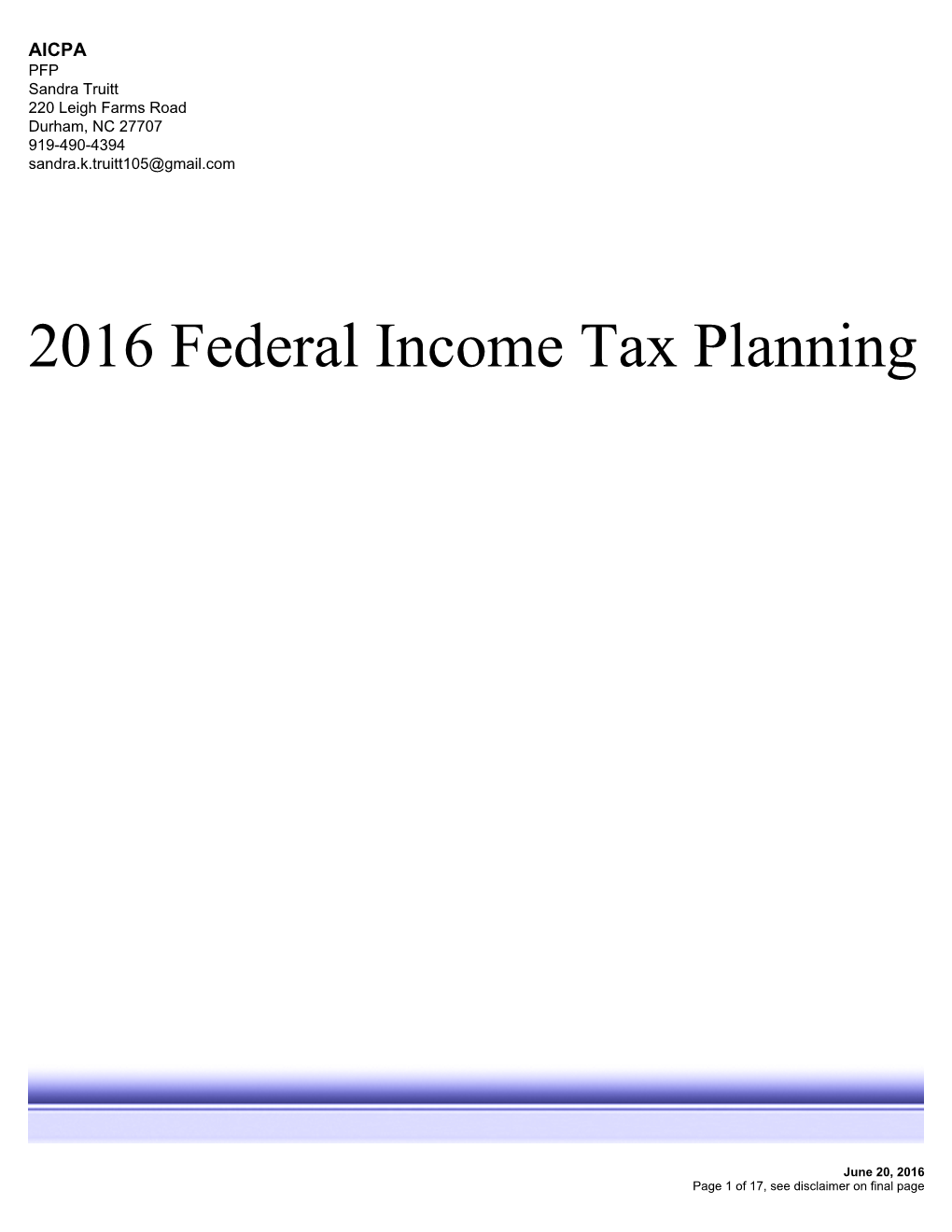 2016 Federal Income Tax Planning