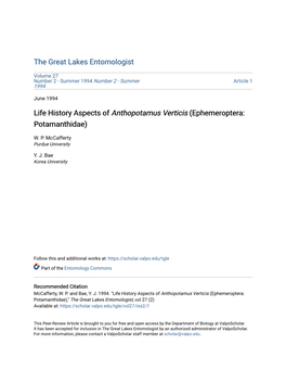 Life History Aspects of Anthopotamus Verticis (Ephemeroptera: Potamanthidae)