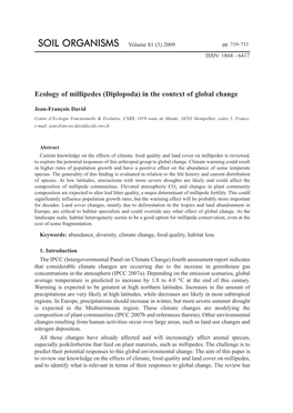 Ecology of Millipedes (Diplopoda) in the Context of Global Change