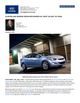 Elantra and Genesis Sedan Recognized As “Best Values” by Usaa