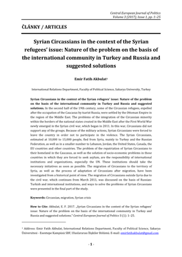 Syrian Circassians in the Context of the Syrian Refugees' Issue