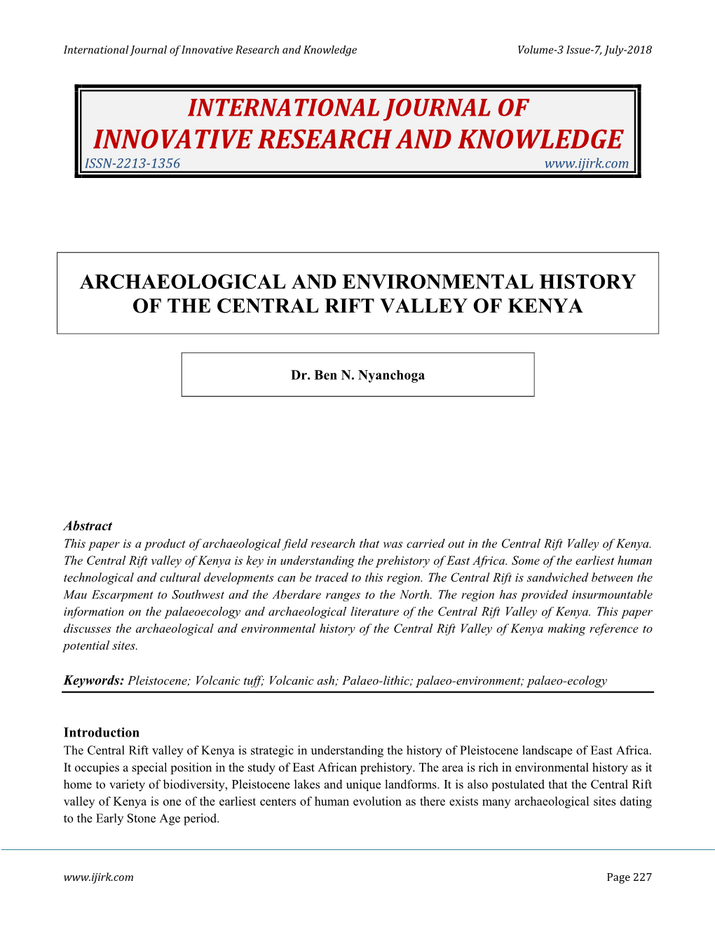 Archaeological and Environmental History of the Central Rift Valley of Kenya