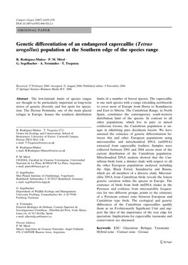 Genetic Differentiation of an Endangered Capercaillie (Tetrao Urogallus) Population at the Southern Edge of the Species Range