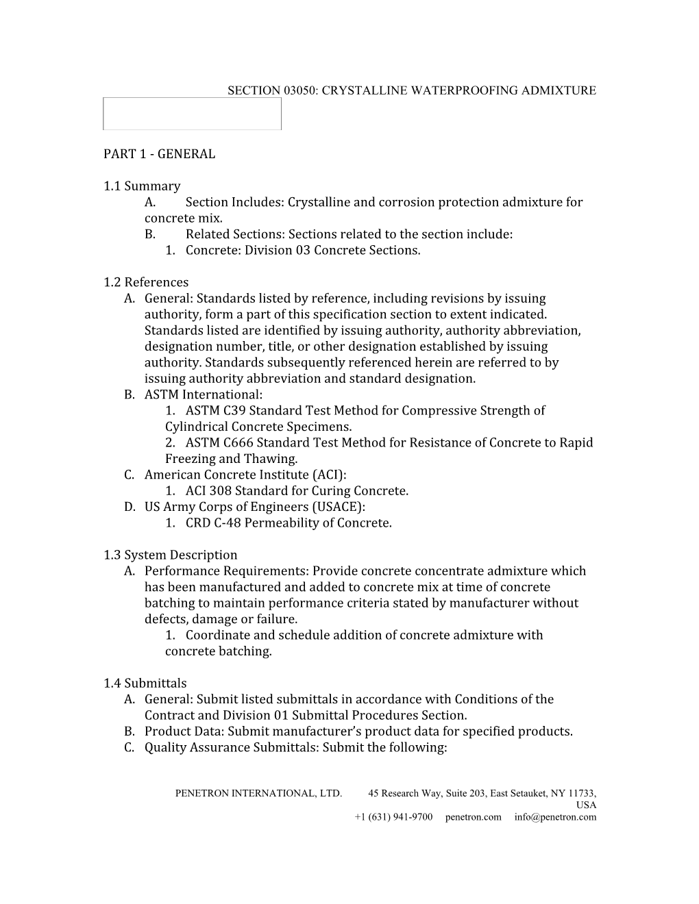 Section 03050: Crystalline Waterproofing Admixture