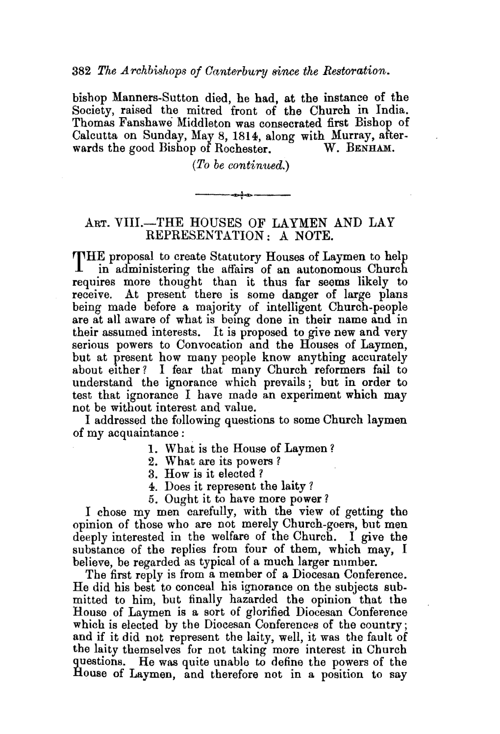 382 the .Archbishops of Canterbury Since the Restoration. Bishop