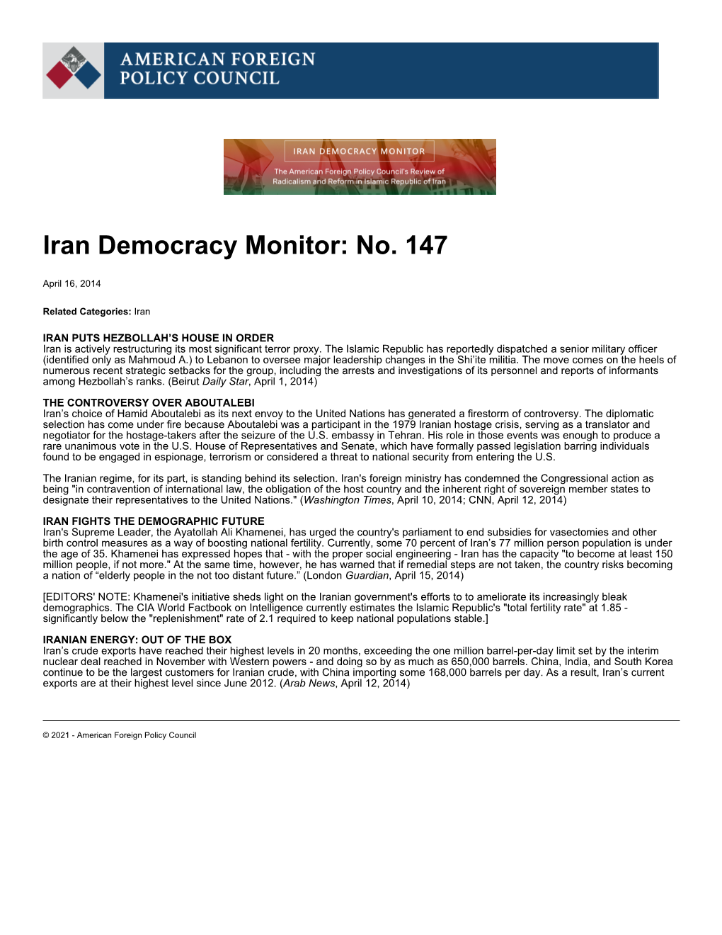 Iran Democracy Monitor: No. 147 | American Foreign Policy Council