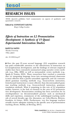 Effects of Instruction on L2 Pronunciation Development: a Synthesis of 15 Quasiexperimental Intervention Studies