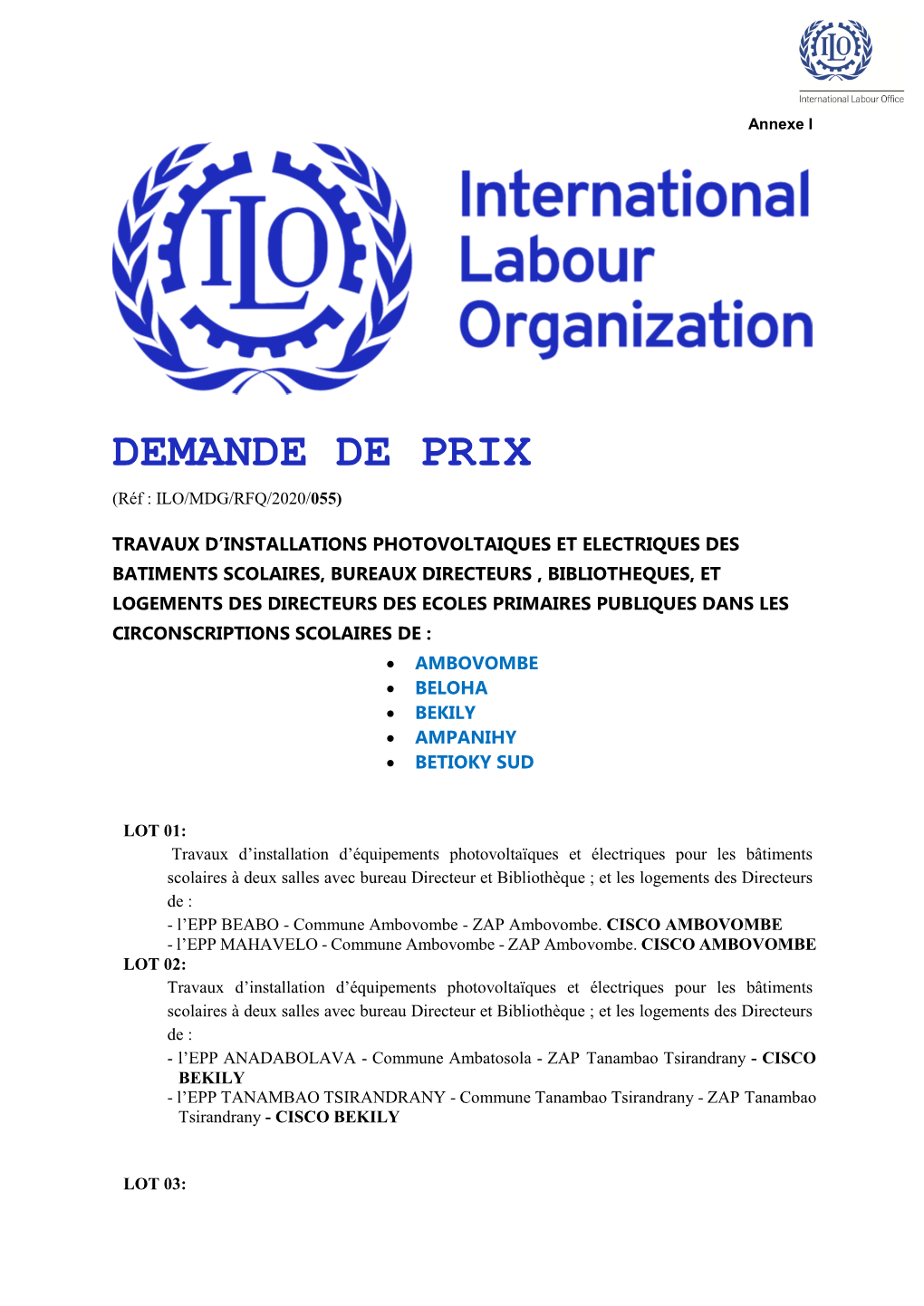 DEMANDE DE PRIX (Réf : ILO/MDG/RFQ/2020/055)