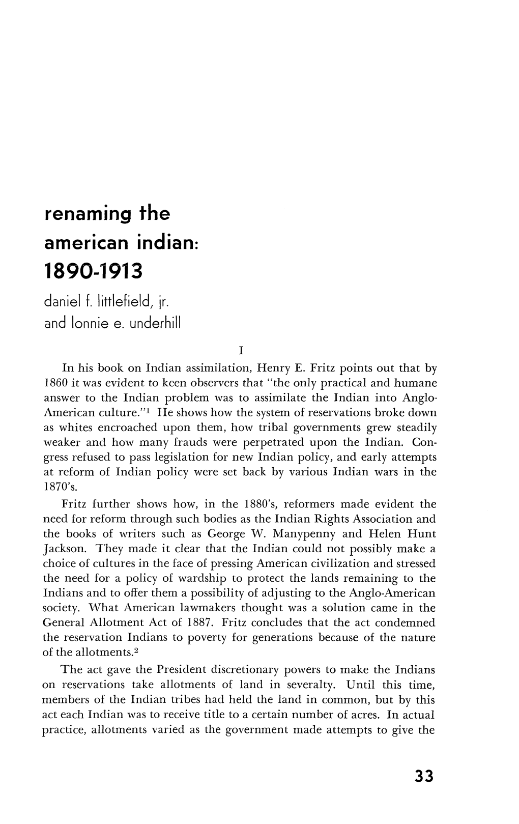 Renaming the American Indian: 1890-1913 Daniel F