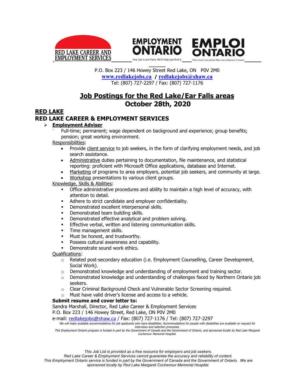 Job Postings for the Red Lake/Ear Falls Areas October 28Th, 2020