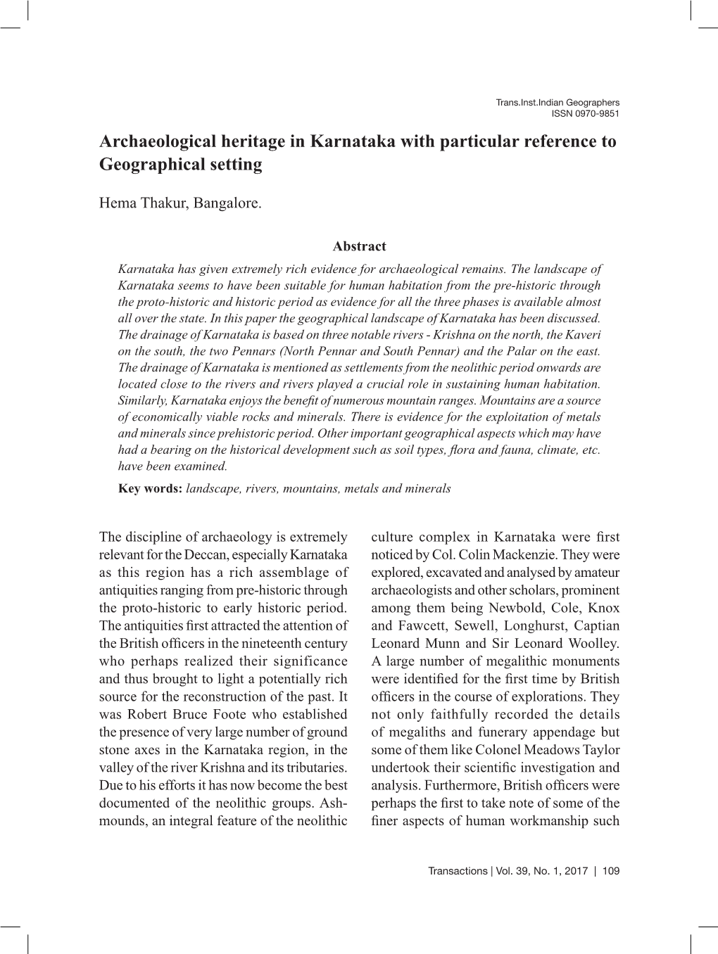 Archaeological Heritage in Karnataka with Particular Reference to Geographical Setting