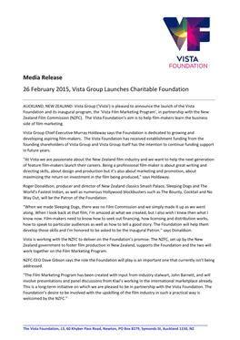 Media Release 26 February 2015, Vista Group Launches Charitable Foundation