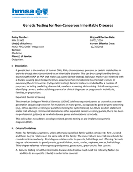 Genetic Testing for Non-Cancerous Inheritable Diseases