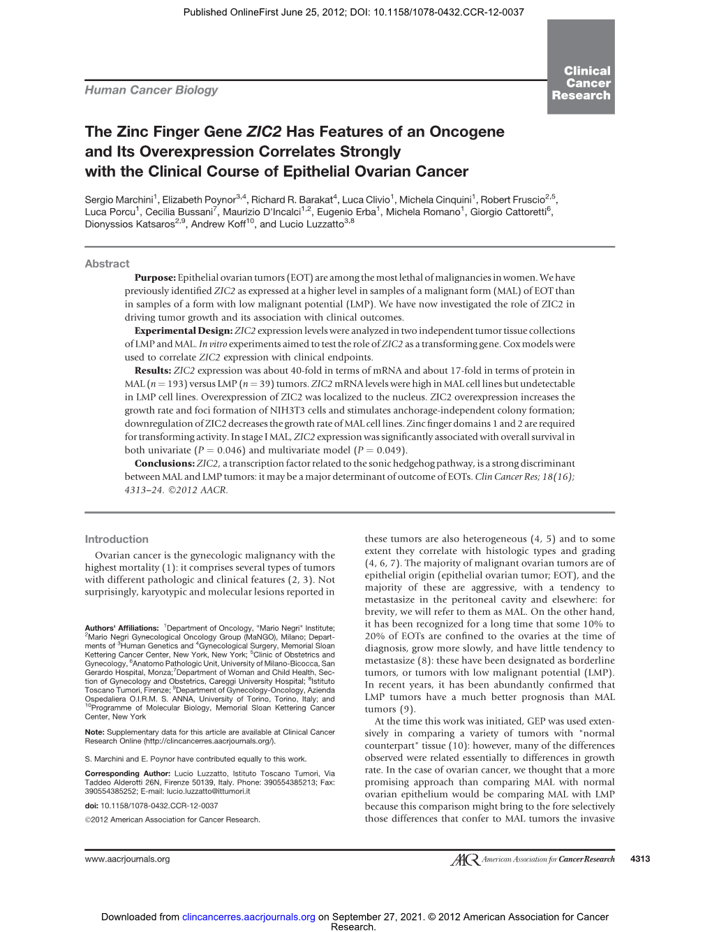 The Zinc Finger Gene ZIC2 Has Features of an Oncogene and Its Overexpression Correlates Strongly with the Clinical Course of Epithelial Ovarian Cancer