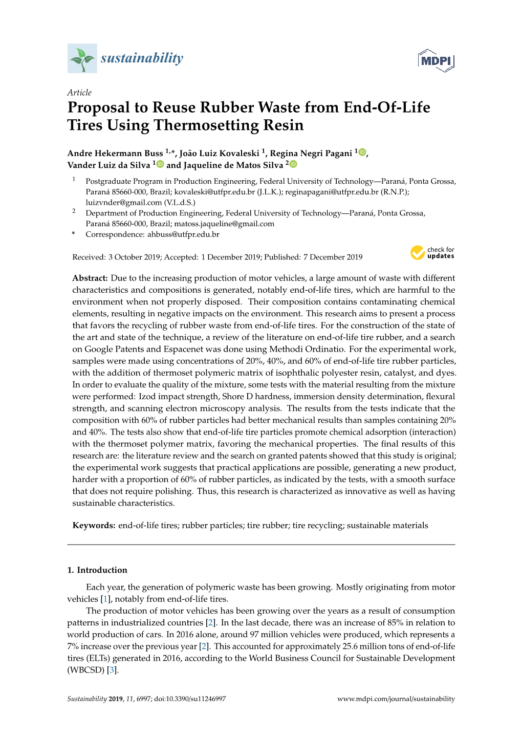 Proposal to Reuse Rubber Waste from End-Of-Life Tires Using Thermosetting Resin