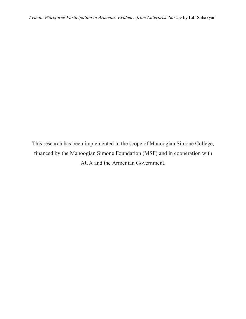 Female Workforce Participation in Armenia: Evidence from Enterprise Survey by Lili Sahakyan