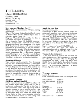 THE BULLETIN Chapel Hill Bird Club October, 2003 (Vol