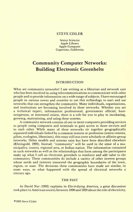 Community Computer Networks: Building Electronic Greenbelts