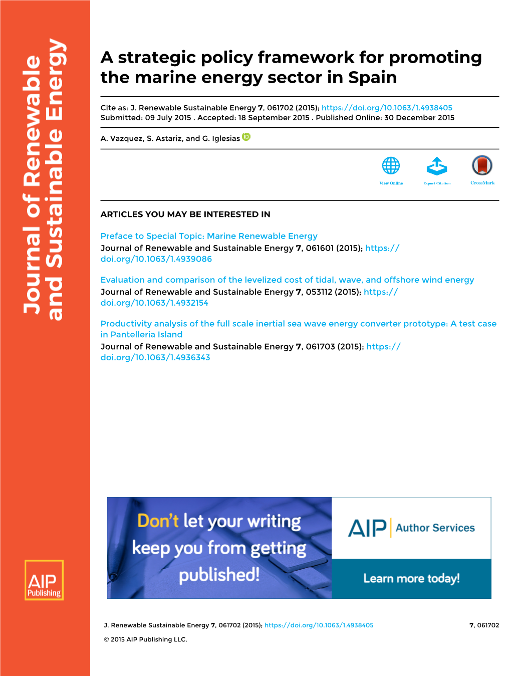 A Strategic Policy Framework for Promoting the Marine Energy Sector in Spain