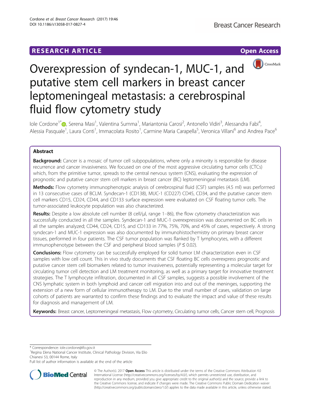 Overexpression of Syndecan-1, MUC-1, and Putative Stem Cell