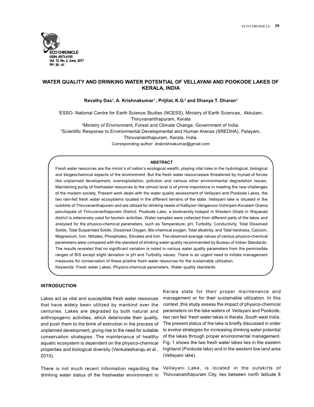 Water Quality and Drinking Water Potential of Vellayani and Pookode Lakes of Kerala, India