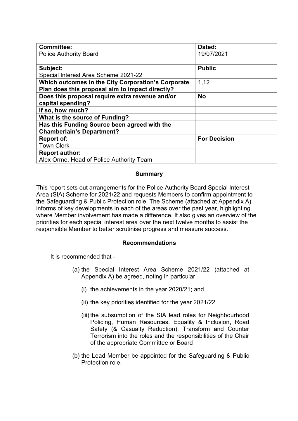 Special Interest Area Scheme 2021