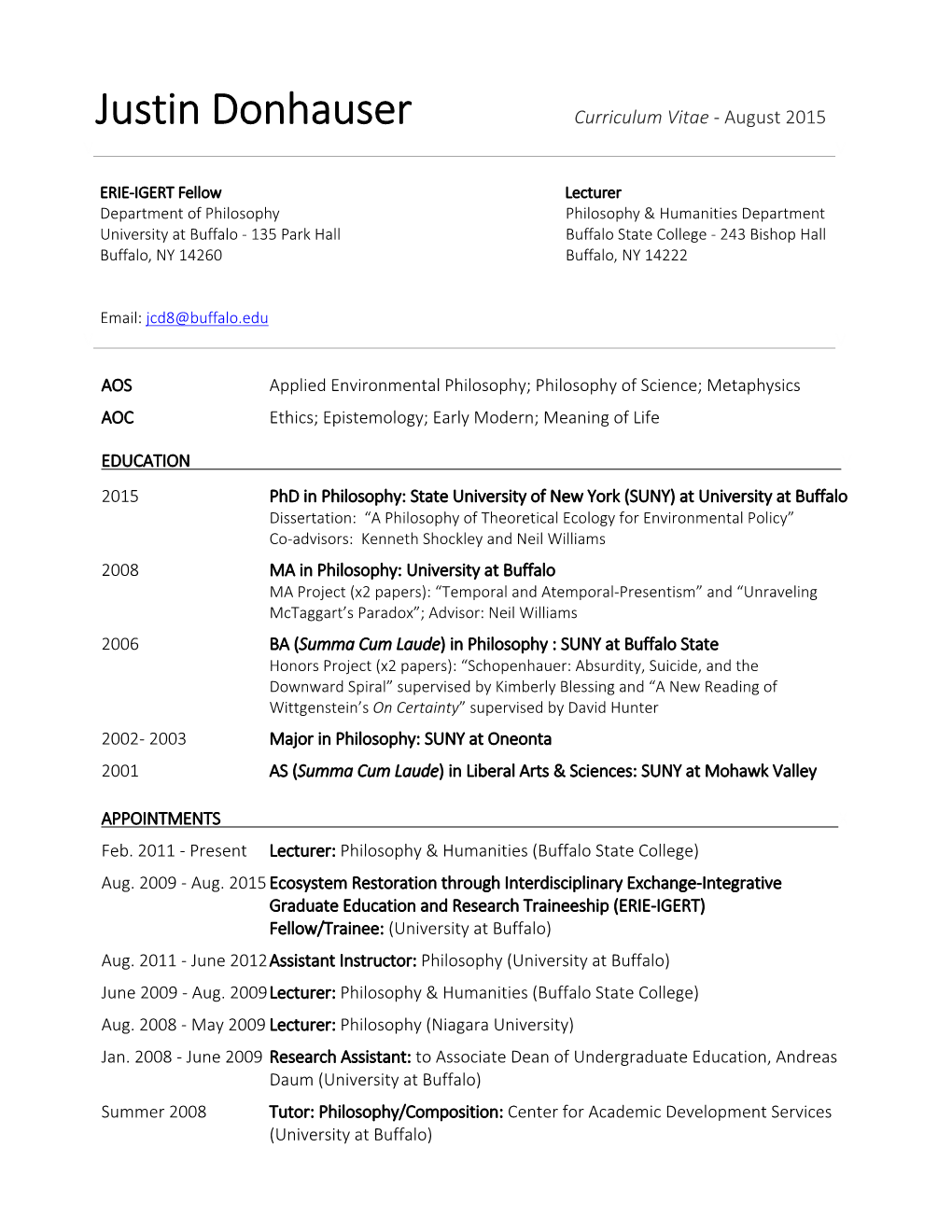 Justin Donhauser Curriculum Vitae ‐ August 2015 V V