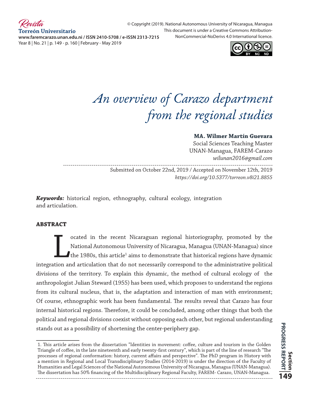 An Overview of Carazo Department from the Regional Studies