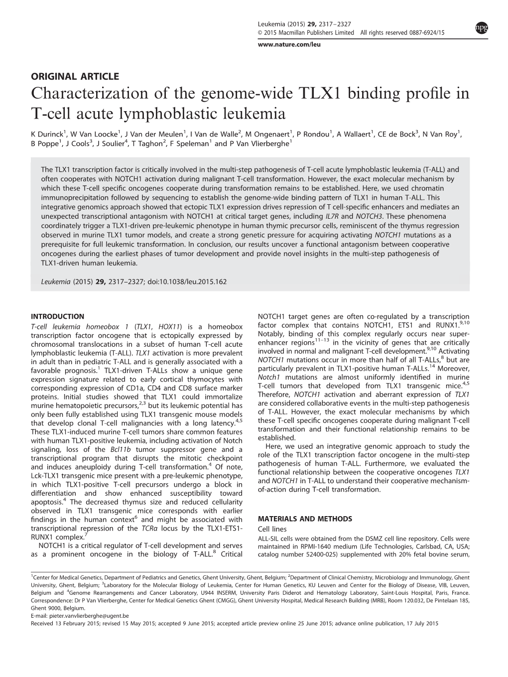 Characterization of the Genome-Wide TLX1 Binding Profile in T-Cell Acute Lymphoblastic Leukemia