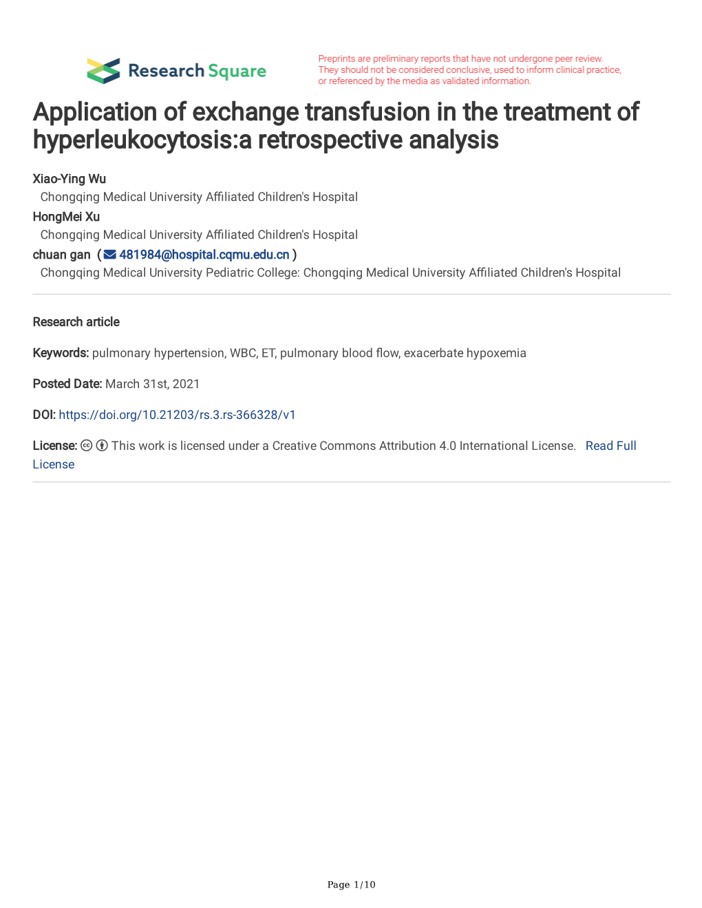 Application of Exchange Transfusion in the Treatment of Hyperleukocytosis:A Retrospective Analysis