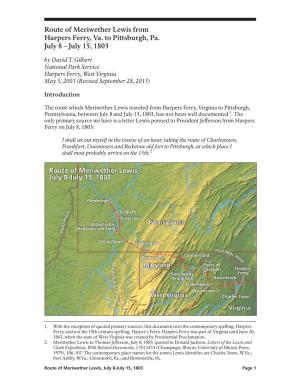 Route of Meriwether Lewis from Harpers Ferry, Va. to Pittsburgh, Pa