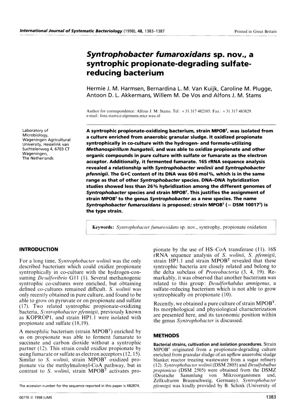 Syntrophobacter Furnaroxidans Sp. Nov., a Syntrophic Propionate-Degrading Sulfate- Reducing Bacterium