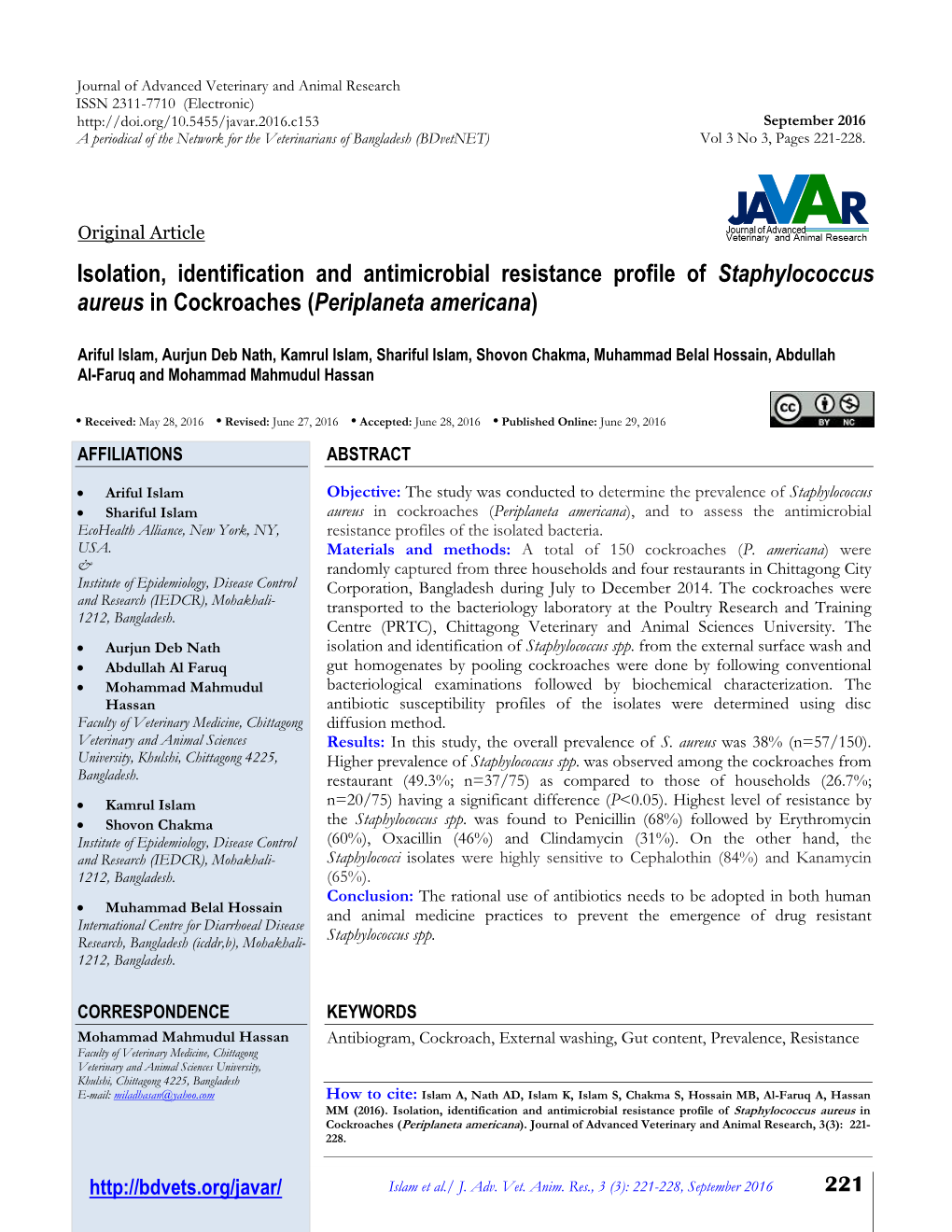 Isolation, Identification and Antimicrobial Resistance Profile of Staphylococcus Aureus in Cockroaches (Periplaneta Americana)