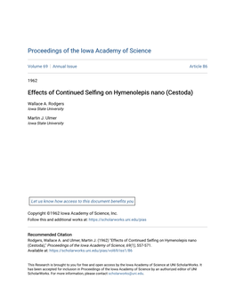 Effects of Continued Selfing on Hymenolepis Nano (Cestoda)