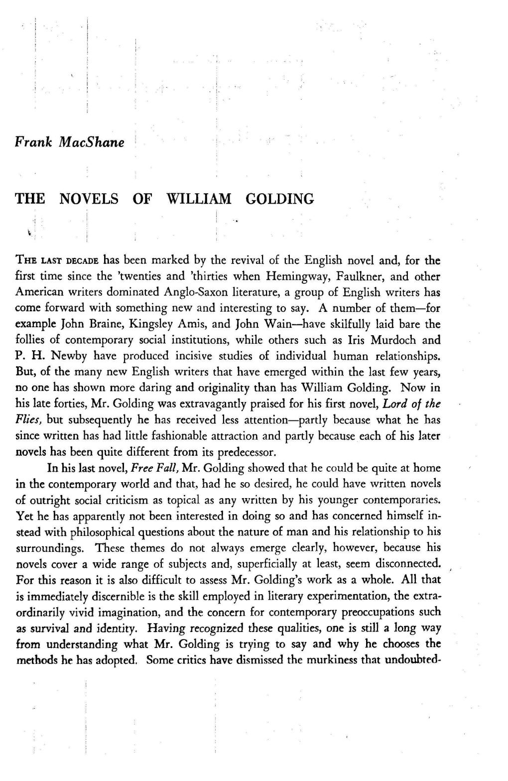 Frank M Acshane the NOVELS of WILLIAM GOLDING