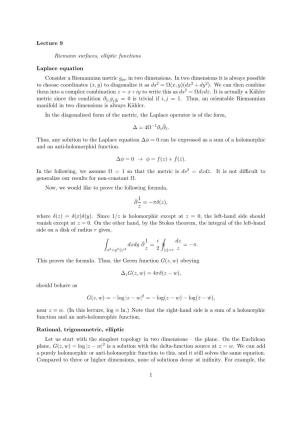 Lecture 9 Riemann Surfaces, Elliptic Functions Laplace Equation