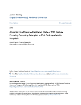 Adventist Healthcare: a Qualitative Study of 19Th Century Founding Governing Principles in 21St Century Adventist Hospitals