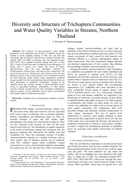 Diversity and Structure of Trichoptera Communities and Water Quality Variables in Streams, Northern Thailand T