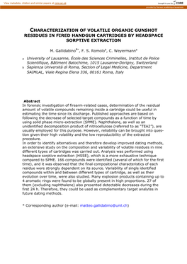 Characterization of Volatile Organic Gunshot Residues in Fired Handgun Cartridges by Headspace Sorptive Extraction