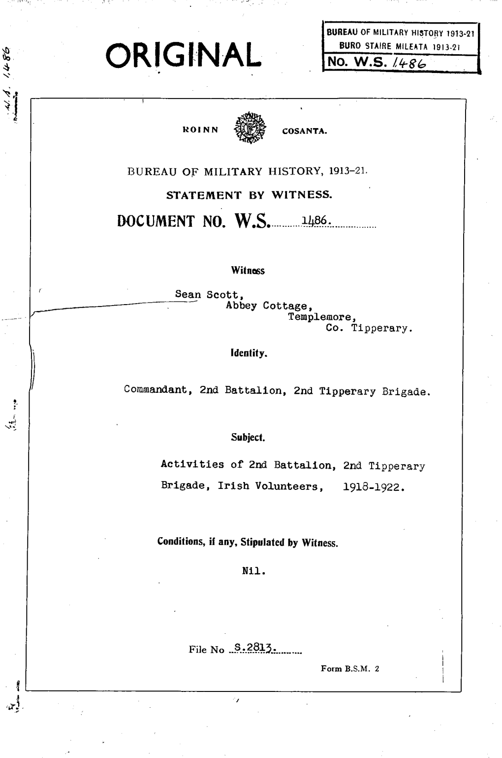 ROINN COSANTA. BUREAU of MILITARY HISTORY, 1913-21. STATEMENT by WITNESS. DOCUMENT NO. W.S. 1486. Witness Sean Scott, Abbey Cott