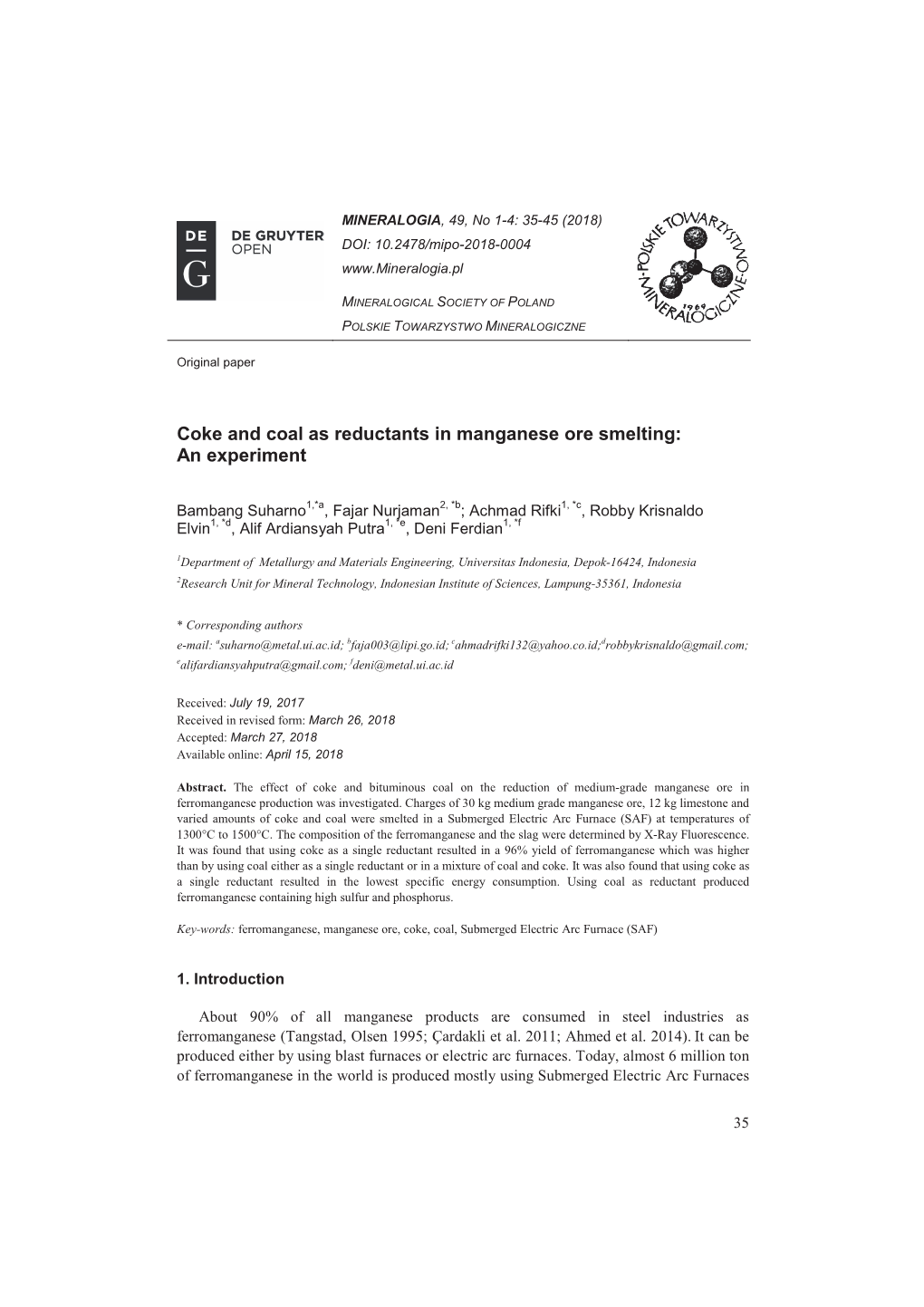 Coke and Coal As Reductants in Manganese Ore Smelting: an Experiment