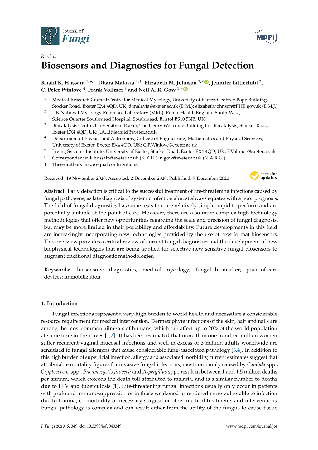 Biosensors and Diagnostics for Fungal Detection