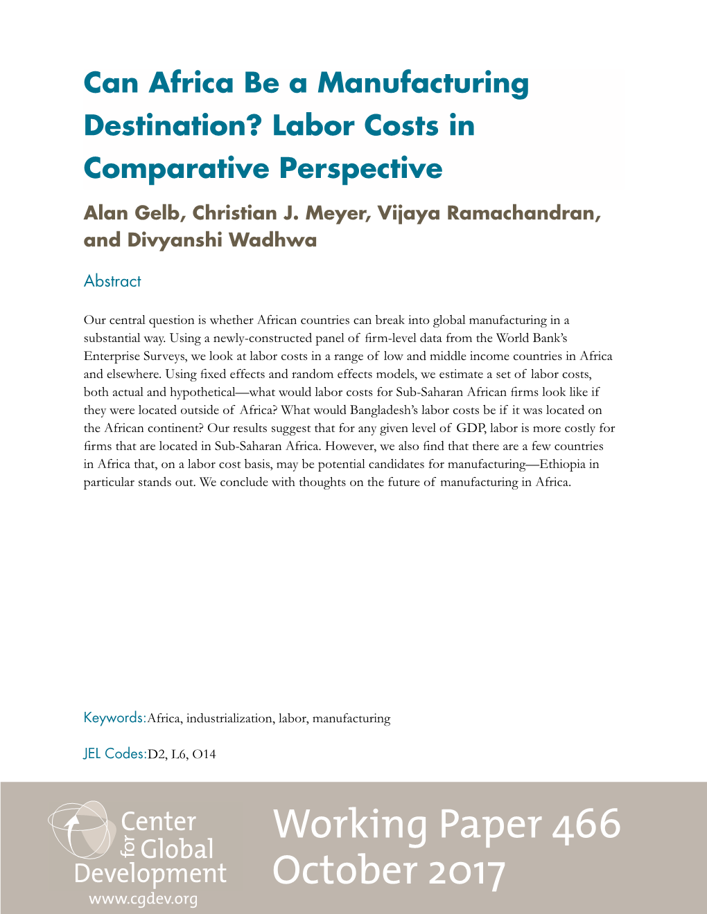 Can Africa Be a Manufacturing Destination? Labor Costs in Comparative Perspective