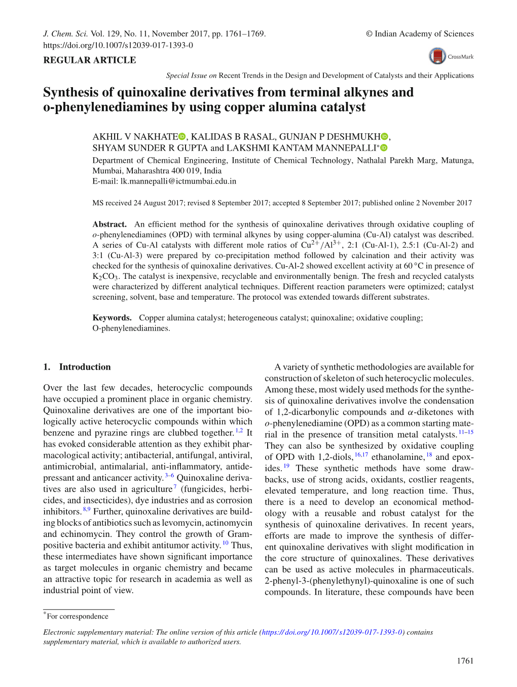 Synthesis of Quinoxaline Derivatives from Terminal Alkynes and O-Phenylenediamines by Using Copper Alumina Catalyst