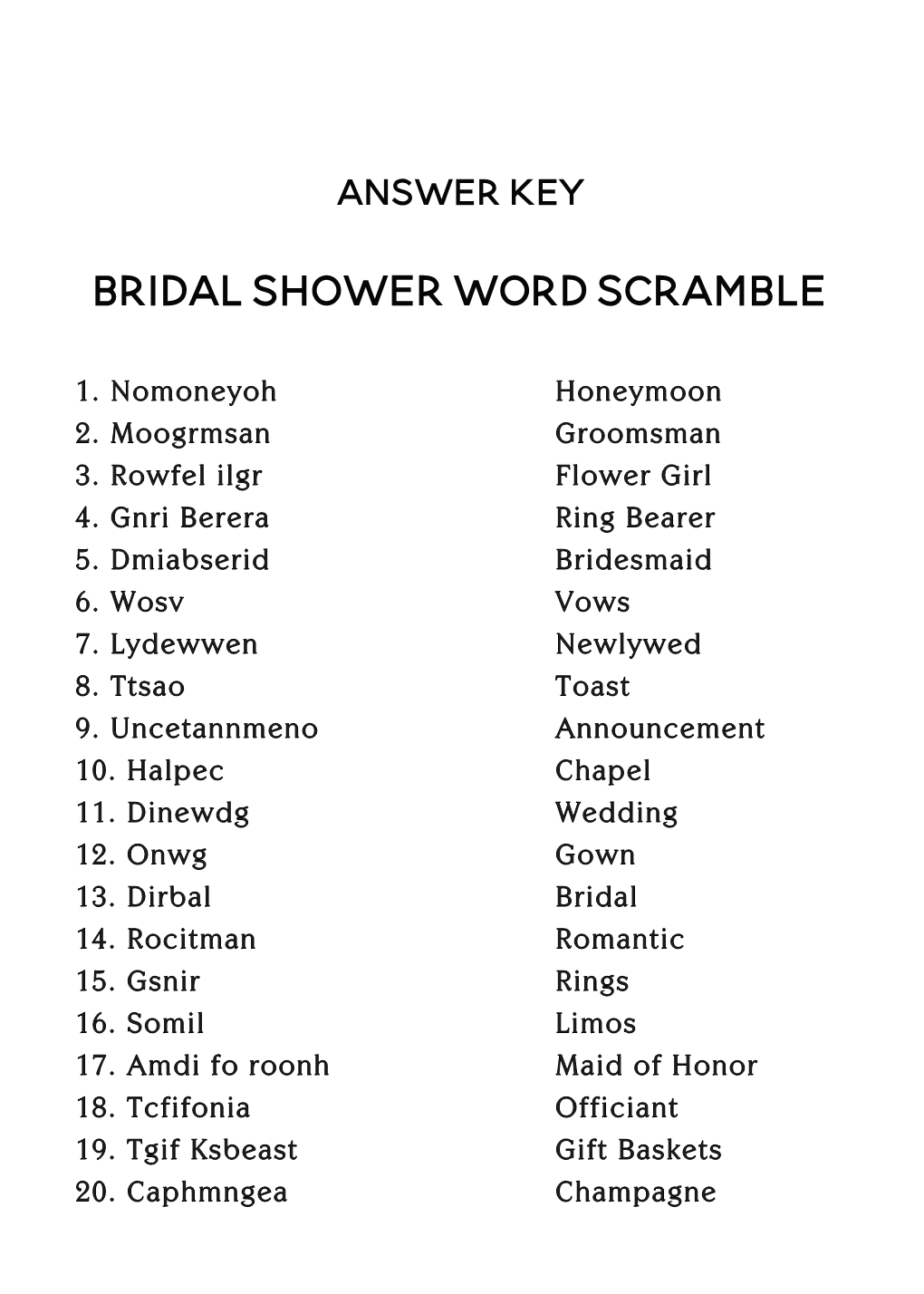 Answer Key-Bridal Shower Package