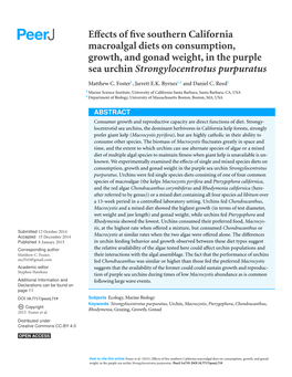 Effects of Five Southern California Macroalgal Diets on Consumption, Growth, and Gonad Weight, in the Purple Sea Urchin Strongylocentrotus Purpuratus