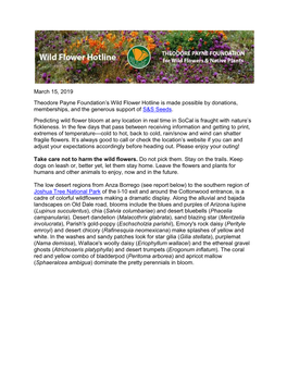 March 15, 2019 Theodore Payne Foundation's Wild Flower Hotline Is Made Possible by Donations, Memberships, and the Generous Su