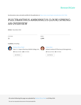 Plectranthus Amboinicus (Lour) Spreng: an Overview